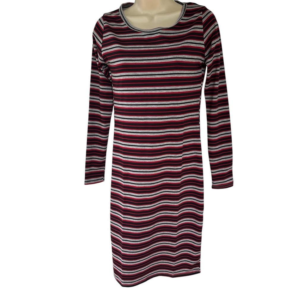 LuLaRoe Womens Red Black Gray Striped Long Sleeve Debbie Dress Size XS